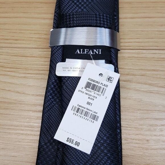 ALFANI Mens Neck Tie Black Gray Glen Plaid Houndstooth Check Plaid Modern - Picture 3 of 6